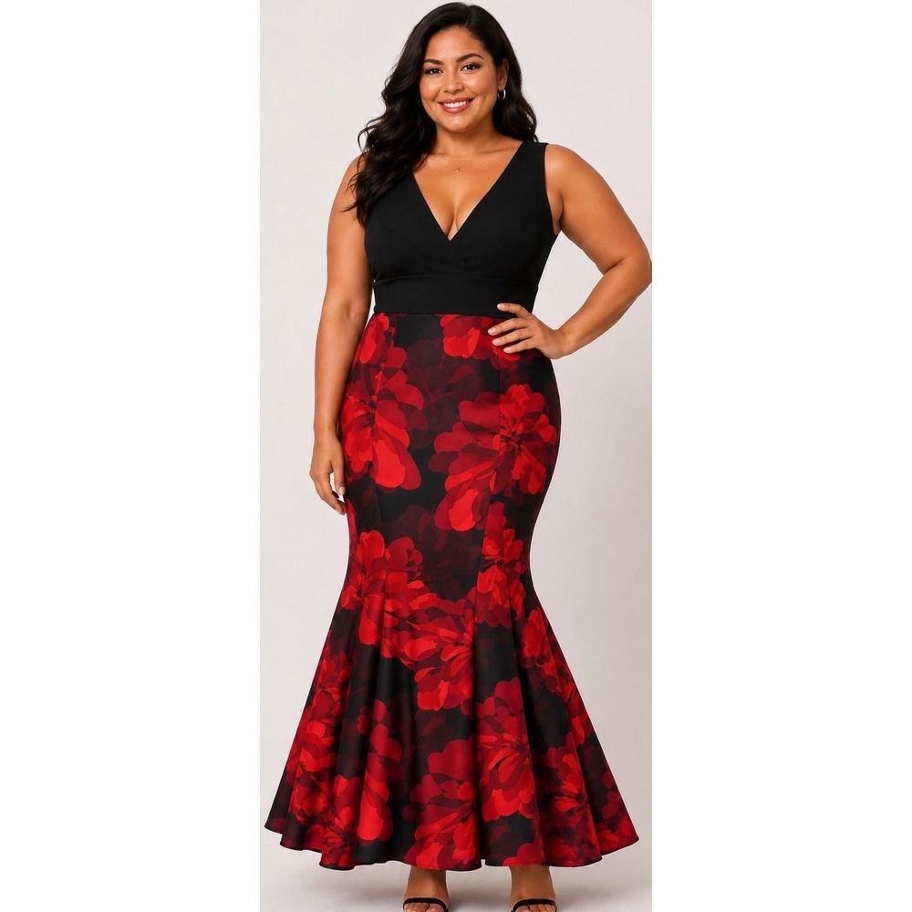 Calvin Klein Red Black Gown Size 16 Fit Flare Gala Cocktail Prom Show Stopper